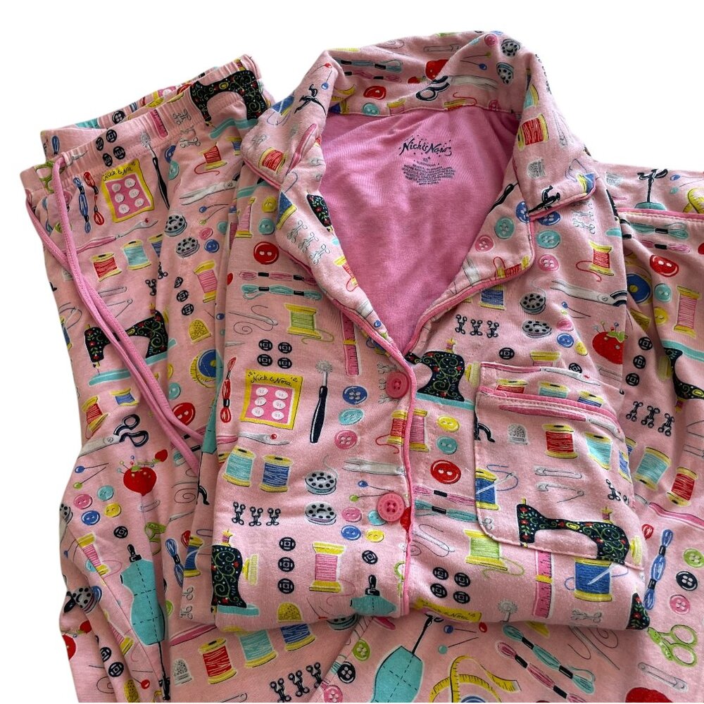 Nick & Nora Pajama Set XS Pink Sewing Machine Print Sleep Shirt & Lounge Pants